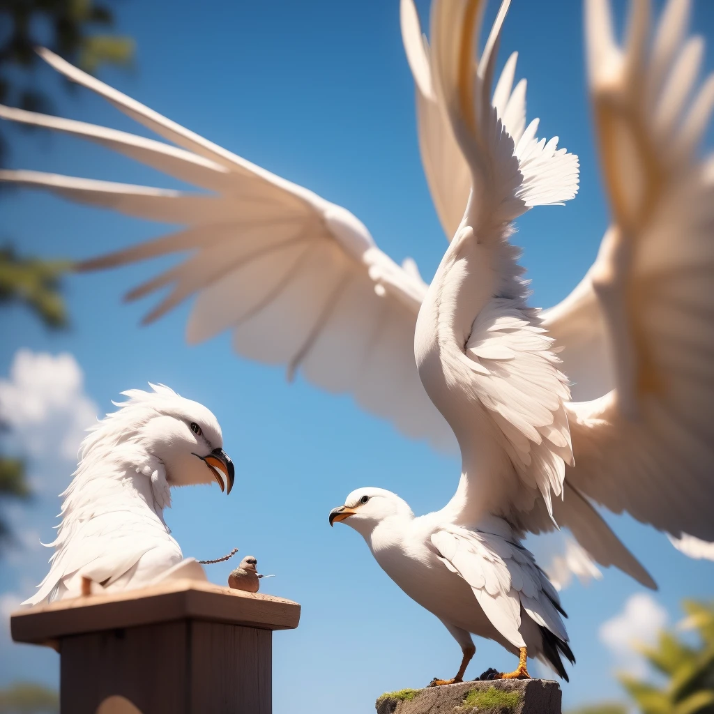 (high quality).(masterpiece)、(Loyal)Girl flying in the sky、has white wings、Big Breasts、blue sky、Big white wings