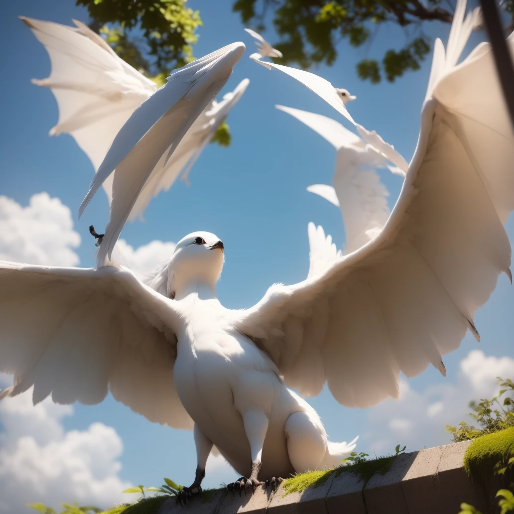(high quality).(masterpiece)、(Loyal)Girl flying in the sky、has white wings、Big Breasts、blue sky、Big white wings