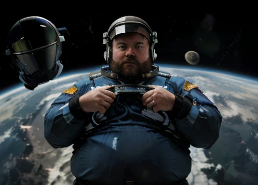 (((Photograph Half of the body of the astronaut in his space uniform, transparent helmet visor for the viewer to see his face, chubby man, extremely thick thighs, large belly, fat, aged 50, bearded, full beard ))). walks with a device in his hands analyzing the unknown environment of the planet. Atmosphere of the day. ( An Android walks alongside the astronaut helping to collect mineral samples from the planet). arms gesturing to express themselves, communicating with hand and arm gestures,