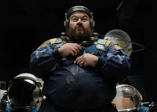 (((Photograph Half of the body of the astronaut in his space uniform, transparent helmet visor for the viewer to see his face, chubby man, extremely thick thighs, large belly, fat, aged 50, bearded, full beard ))). walks with a device in his hands analyzing the unknown environment of the planet. Atmosphere of the day. ( An Android walks alongside the astronaut helping to collect mineral samples from the planet). arms gesturing to express themselves, communicating with hand and arm gestures,