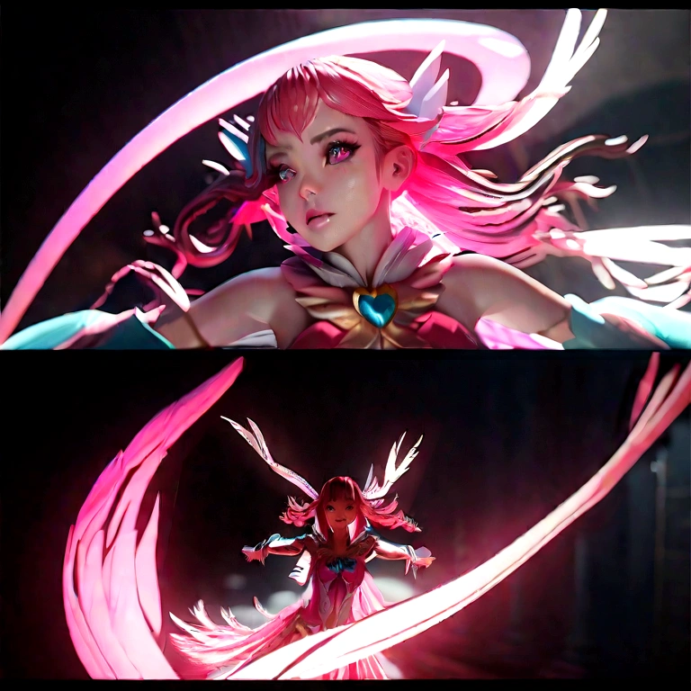 intricate detailed magical girl transformation, 1girl, beautiful detailed eyes, beautiful detailed lips, extremely detailed face and features, long eyelashes, cute magical girl outfit, swirling magical energy, dynamic pose, magical girl transformation sequence, vibrant colors, cinematic lighting, hyper detailed, 8k, masterpiece, professional 3d render, photorealistic