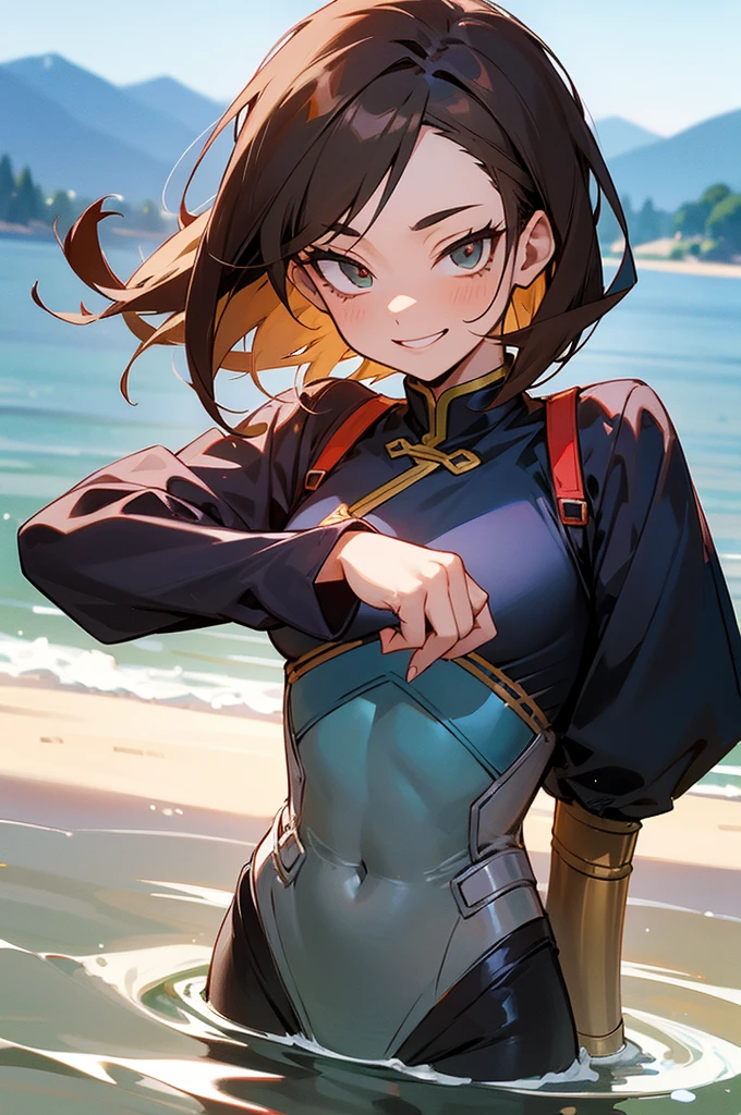 Make me a Boku no hero Academia oc.
gender: Feminine Skin: a little brunette hair: chinese black shoulder length and layered bottom: a lake pose: smiling