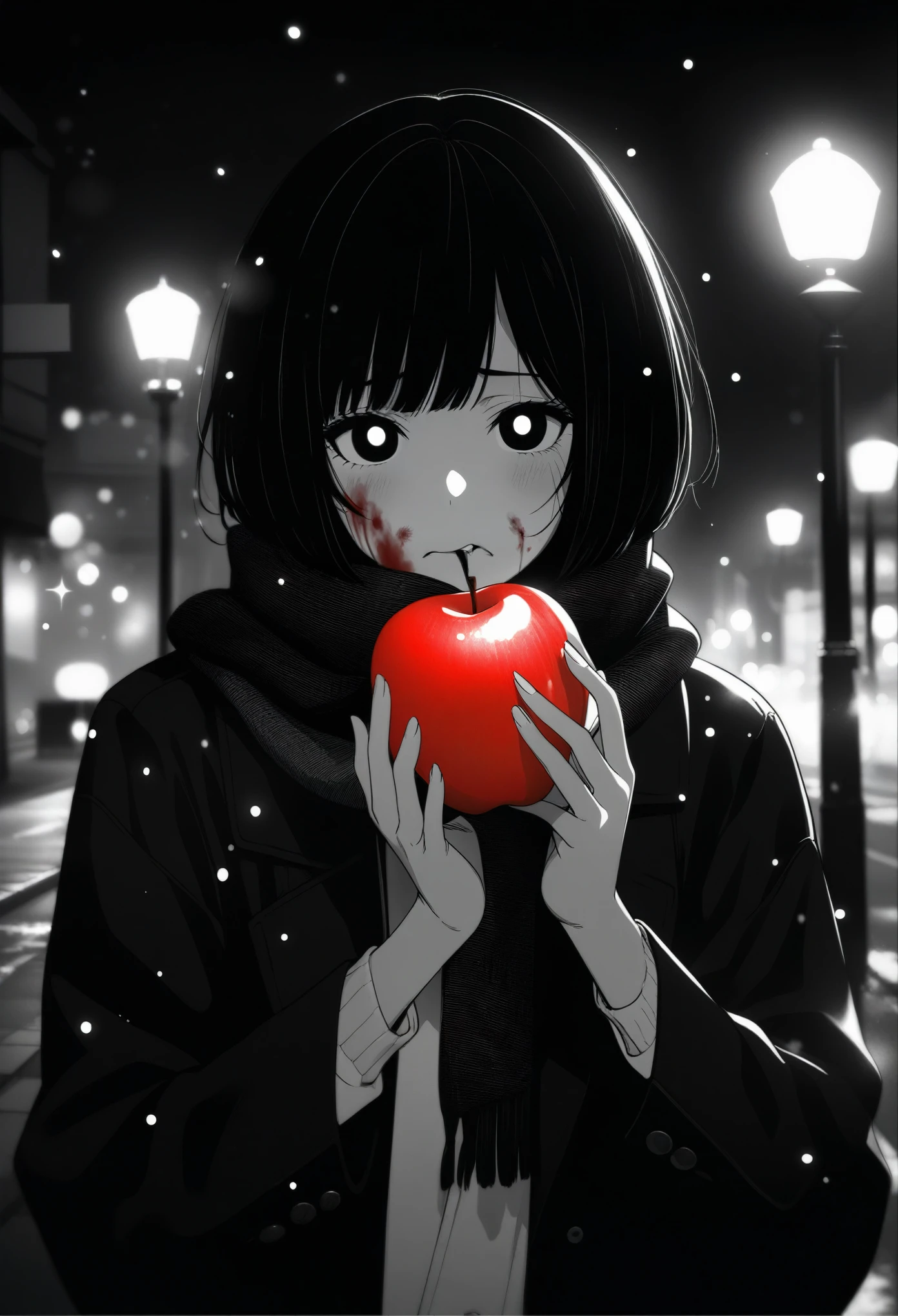 masterpiece, best quality, 1girl, momose_(oqo) official art, grayscale, manga style, japanese, chi no wadachi, black eyes, glowing white pupils, street, iced, black hair, schoolbag, lineart, looking at viewer, blood on face, black coat, black scarf, 35 years old, mature_female:1, tall, fair skinned, bokeh background, bob cut, light particles, centered, snowing, emotional anime scene, scenery, outdoors, (very aesthetic, best quality, ultra detailed), intricate details, red and blue lights flashing, cool, soleless, emotionless, tired, taking a bite out of a shiny red apple, eating apple, holding apple to lips, holding, street lamp, surrounded by darkness, stars in the sky, biting, full shot, sidewalk
