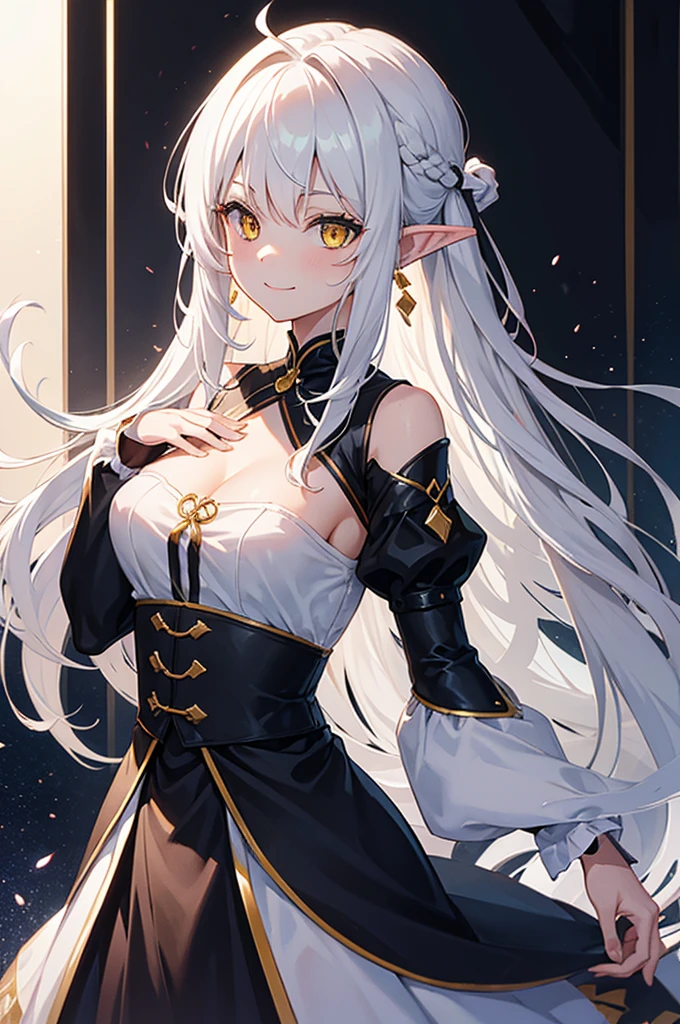 <lora:LUCILLA:0.8>,
anime-style, (Masterpiece, Highres, Detailed, Extremely Detailed),
hyper detailed beautiful face,
(cowboy shot:1.3),
1girl, (standing), looking at viewer,
(black dress:1.3), (cleavage, large breasts:1.2), (thighhighs:1.2), frills, black gloves,
elf, (long horns, red horns),
white hair, very long hair, heterochromia, red eye, yellow eye,
angry, evil smile, teeth,
<lora:PerfectFullBreasts-fCV3.5:1>,
<lora:hamichichiB:0.5>,