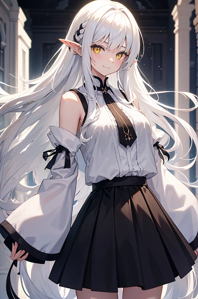 1 girl, One, flowing long hair, yellow eyes, White hair, bare shoulders, skirt, breast, cut off sleeves, long sleeves, hair flaps, closed mouth, black skirt, shirt, pointed ears, smile, большая breast и ляжки с чулками