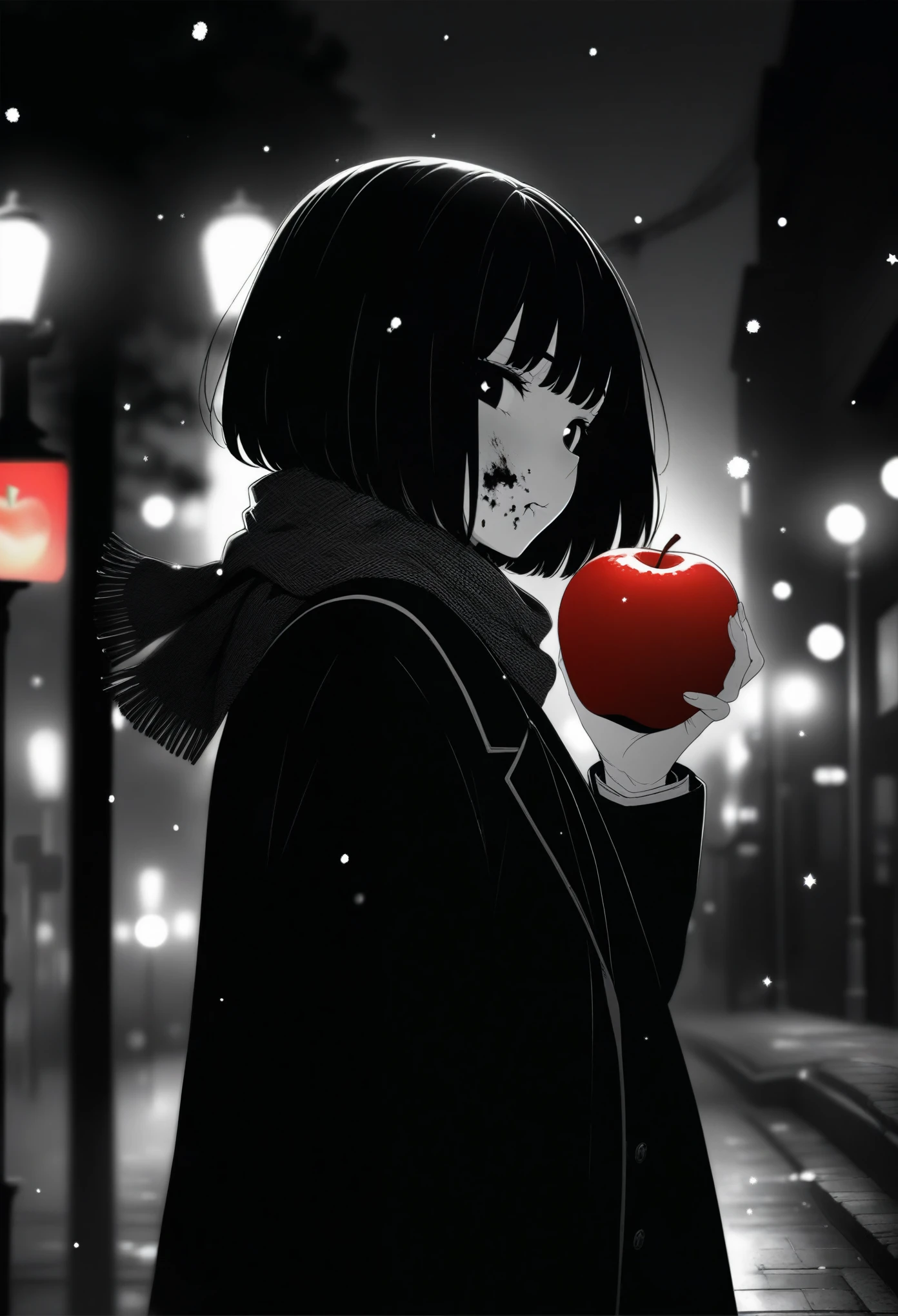 masterpiece, best quality, 1girl, momose_(oqo) official art, grayscale, manga style, japanese, chi no wadachi, black eyes, glowing white pupils, street, iced, black hair, schoolbag, lineart, looking at viewer, blood on face, black coat, black scarf, 35 years old, mature_female:1, tall, fair skinned, bokeh background, bob cut, light particles, centered, snowing, emotional anime scene, scenery, outdoors, (very aesthetic, best quality, ultra detailed), intricate details, red and blue lights flashing, cool, soleless, emotionless, tired, taking a bite out of a shiny red apple, eating apple, holding apple to lips, holding, street lamp, surrounded by darkness, stars in the sky, biting, full shot, sidewalk
