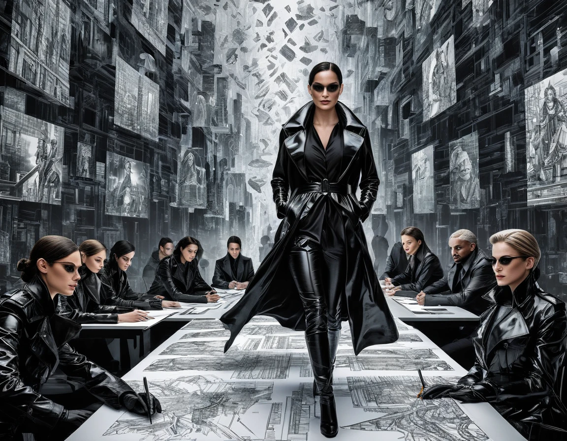 (On a sheet of paper placed on a large desk, Drawing large 4D figurines in stunning and breathtaking uhd ink style), Trinity, a group of ten sublime women in high detailed Black trench coat, matrix style, futuristic city center,  fully detailed, high quality, high resolution, proportions parfaites, masterpiece, hyperRéaliste, masterpiece, superior quality, high resolution, Extremely detailed faces, highly detailed 8K wallpaper, détails fractales