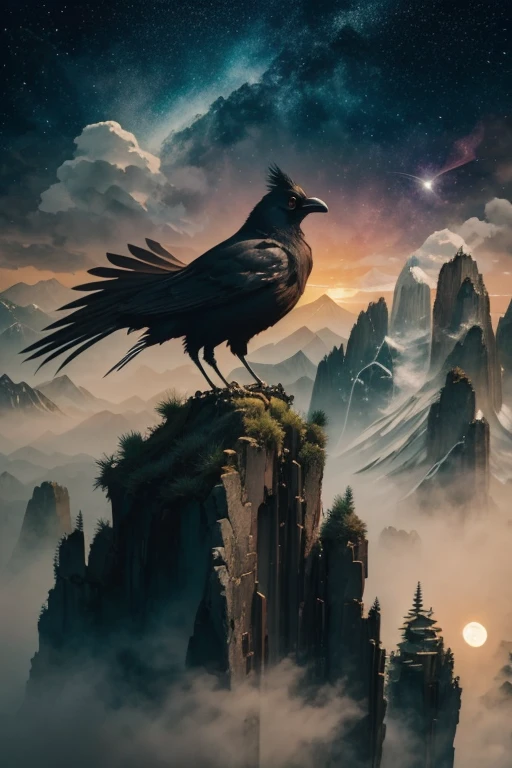 A crow, fantasy scene background, , Mysterious clouds, expression of surprise, incredible views, Unavailable, in the sky, legend, stars illuminating the night sky, Fly free, adventure, terraces, High mountains, Amazing sunset, Fly as much as you want, Through the clouds, Spirit of adventure, Shocking scene with wings spread, Huge starry sky, fusion of tradition and modernity./masterpiece Illustration, high quality, 8k, high resolution, by hajime sorayama, ink