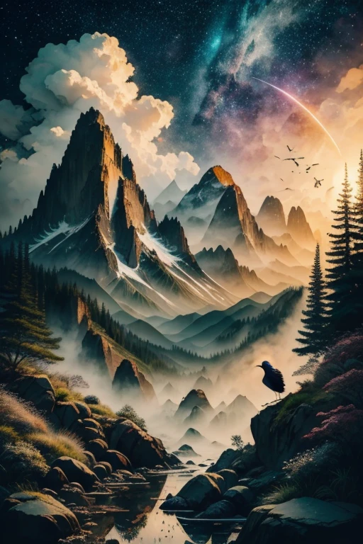 A crow, fantasy scene background, , Mysterious clouds, expression of surprise, incredible views, Unavailable, in the sky, legend, stars illuminating the night sky, Fly free, adventure, terraces, High mountains, Amazing sunset, Fly as much as you want, Through the clouds, Spirit of adventure, Shocking scene with wings spread, Huge starry sky, fusion of tradition and modernity./masterpiece Illustration, high quality, 8k, high resolution, by hajime sorayama, ink