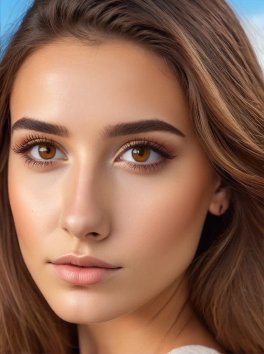 CREATE THE FACE IN PORTRAIT MODE OF A VERY PRETTY GIRL WITH BROWN HAIR, ULTRA REALISTIC BROWN EYES TAKEN WITH A PROFESSIONAL CAMERA