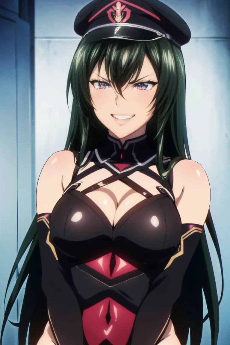 (((grinning lasciviously))), seductive anime girl, (((nefarious smirk))), [[[[grinning evily]]]], beautiful, masterpiece, ultra detailed, extremely detailed, ultra high res, 8k, beautiful detailed face, anime screencap, heart shaped face woman, (black hair:1.2), long hair, hair between eyes, large breasts, fearless face, sharp face, slant eyes, cat eyes, 170cm tall, (((adult))), perfect proportion, (((black high-leg leotard))), (((dare shoulder))), cleavage, (((thigh boots))), choker, (((military cap))), anime style, ultra detailed beautiful face and eyes, front view, raw phot, incredibly absurdres, Beautiful portrait of cute anime girls, super fine illustration, full-hd, hdr, best aesthetic, distinct, exquisite, masterwork, by famous artist, highers, (((perfect anatomy))), mocking, (((rape face))), (((evil grin))), intense eyes, sadistic, gleaming skin, oil skin, slut face, (((full-face blush))), smirking, mischievous grin, furrowed mouth, both legs, pouty lips, downturned corners, rosy hue, grin widely, cheeky smirk, (((bad-tempered glare))), gloating, crazy smile, scary face, cruel smile, fang, connected teeth,, (((elbow gloves))), (((big connected teeth)), glare, grimace, smirk, (((scowling face))), smile broadly, symmetrical eyes, even eyes, perfect eyes, (((squinting eyes))), deep detailed eyes, shiny clothes, 1girl, solo, smug, smile grimly, (((dimpled smile))), pink eyes, (((upper body shot))), (((laugh))), (((pleasure face))), (((brutality face))), (((scary face))), (((empty eyes))), anime best girl, [[[[grinning evily]]]], anime moe artstyle, collarbone, dare collarbone, 