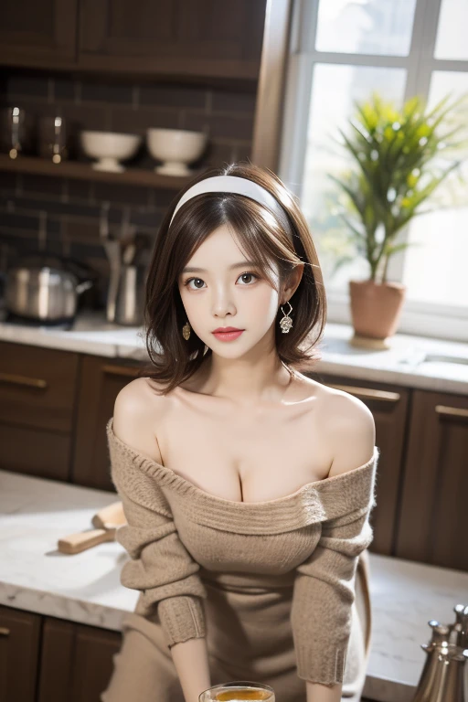 (from above:1.2), (perky chest:1.2), (pointed chest:1.2), 1girl, Bust A Cup, Amazing Cleavage:1.1, thin waist, big ass, Raised cute, small breast: 1.1 posed cleavage:1.2、solo, looking at viewer, have a cute glass of cute beer glass,black hair, dark green eyes, dress, bare shoulders, jewelry, collarbone, side locks, hairband, earrings, indoors, off shoulder, arms behind back, plants, short hair with long locks, gild hairband, off-shoulder dress, sweater dress, off-shoulder sweater, red sweater, dark gold hair, big side hair, very long side hair,is rendered in (masterpiece: 1.2, best quality), with (ultra high resolution) and an exquisite (depth of field). This masterpiece is not only visually stunning but also tells,A scene of cooking in the kitchen