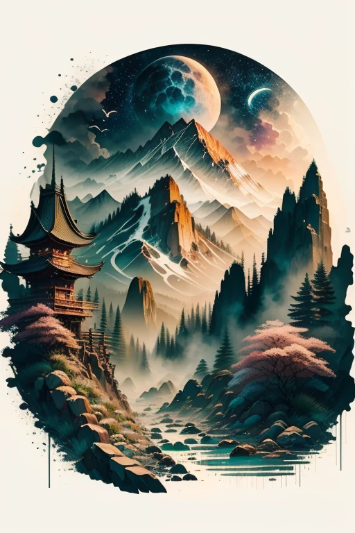 A crow, fantasy scene background, , Mysterious clouds, expression of surprise, incredible views, Unavailable, in the sky, legend, stars illuminating the night sky, Fly free, adventure, terraces, High mountains, Amazing sunset, Fly as much as you want, Through the clouds, Spirit of adventure, Shocking scene with wings spread, Huge starry sky, fusion of tradition and modernity./masterpiece Illustration, high quality, 8k, high resolution, by hajime sorayama, ink