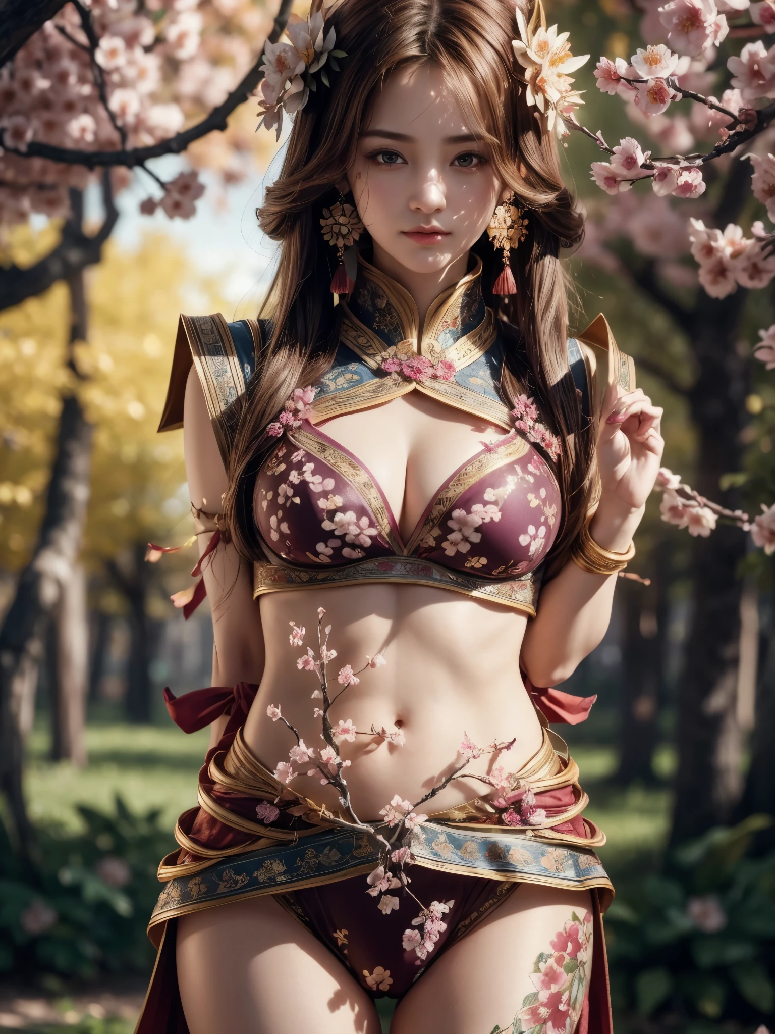 masterpiece, extremely detailed CG unity 8k wallpaper, 1girl, beautiful, realistic, blurry background, blurry foreground, branch, brown hair, plum blossom, depth of field, earrings, flower, jewelry, nose, realistic, solo, Chinese clothes, fingers hidden, arms hidden, only wearing a bra, (((split chin))), (((cameltoe)))