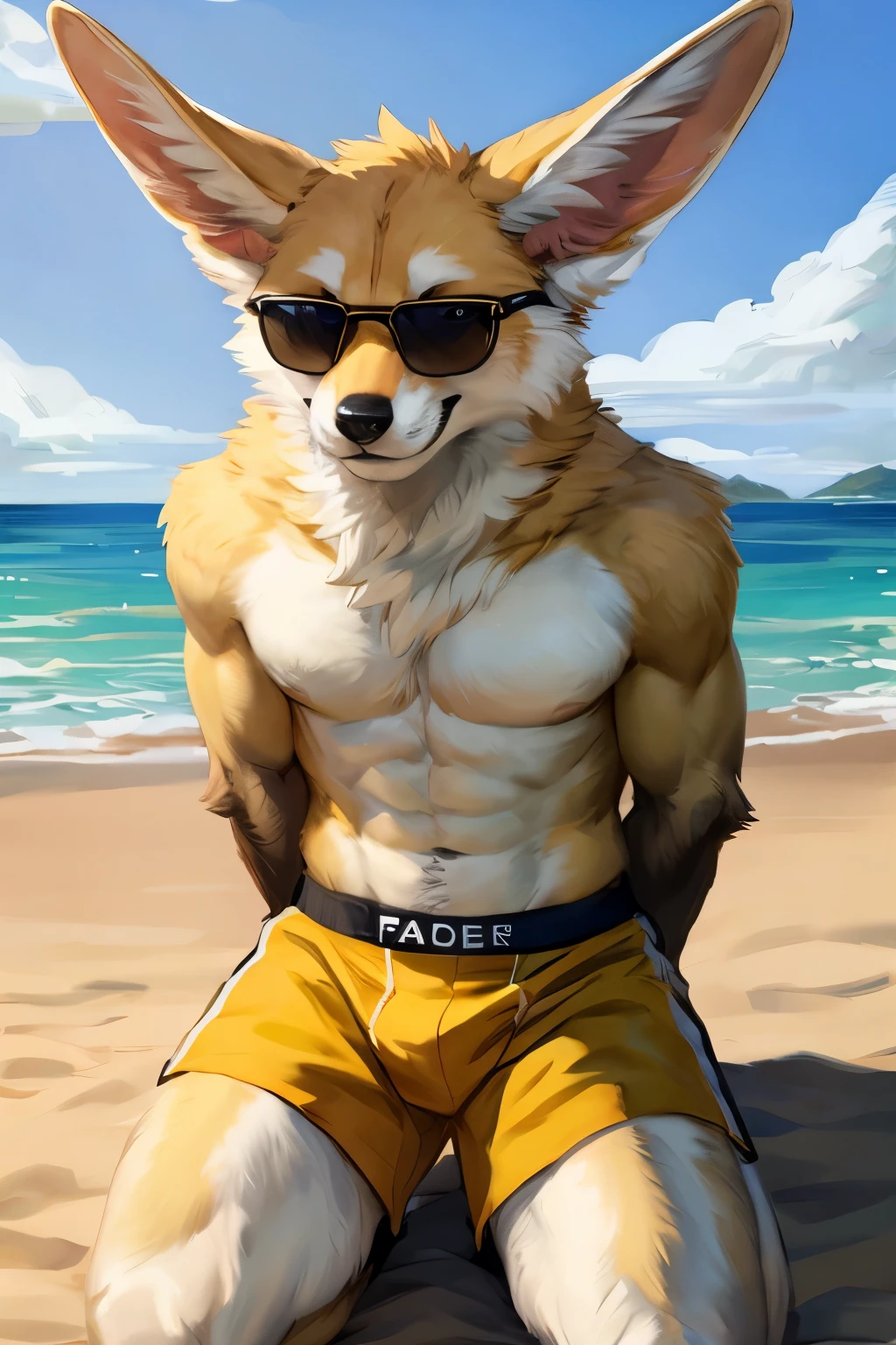 (solo, furry, anthro, hyper realistic, realistic fur), male, front view, muscular body, Fennec, smug, smirk, blushing, head tilted, bending down, wearing (((yellow-colored))) boxer shorts, black sunglasses, hands behind back, standing, beach, blurred background, by bebebebebe:1.2, by buta99,by foxovh, by ruan jia