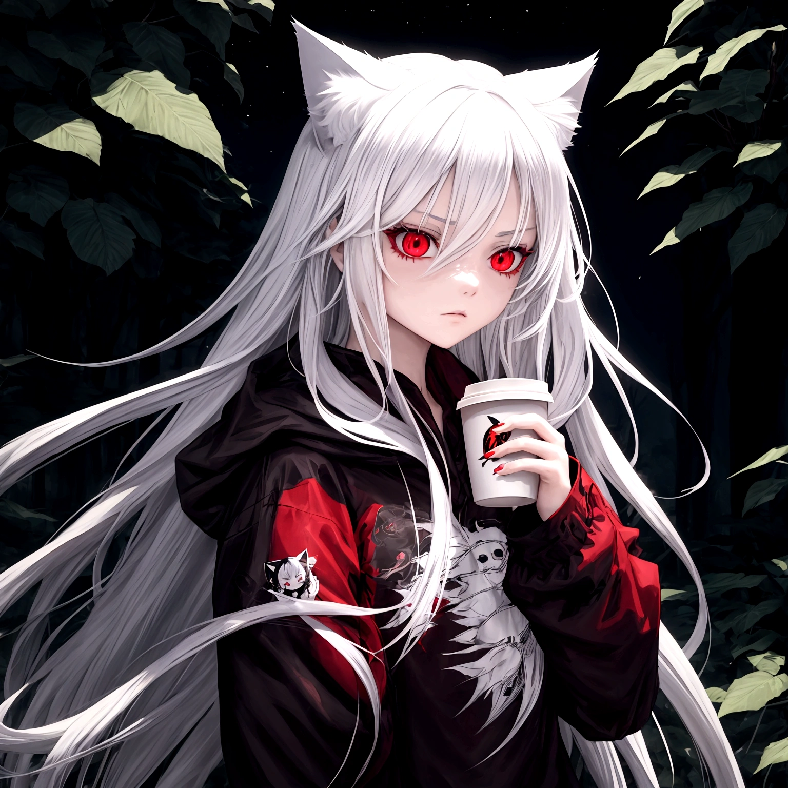 1 girl, beautiful, cool, intimidation, long hair, white hair, cat ear, red eye, black jacket, red t-shirt, holding a coffee, nature place, 10 finger,anime, perfect, masterpiece