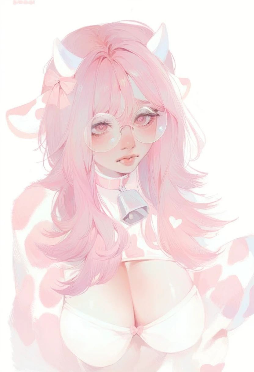 IMVU, pink hair, pink heart eyes, white round glasses, pale skin, white and pink cow ears, white horns with pink bows, fuzzy white jacket with pink spots, pink cowbell choker, kawaii, soft, high quality, masterpiece, 8k