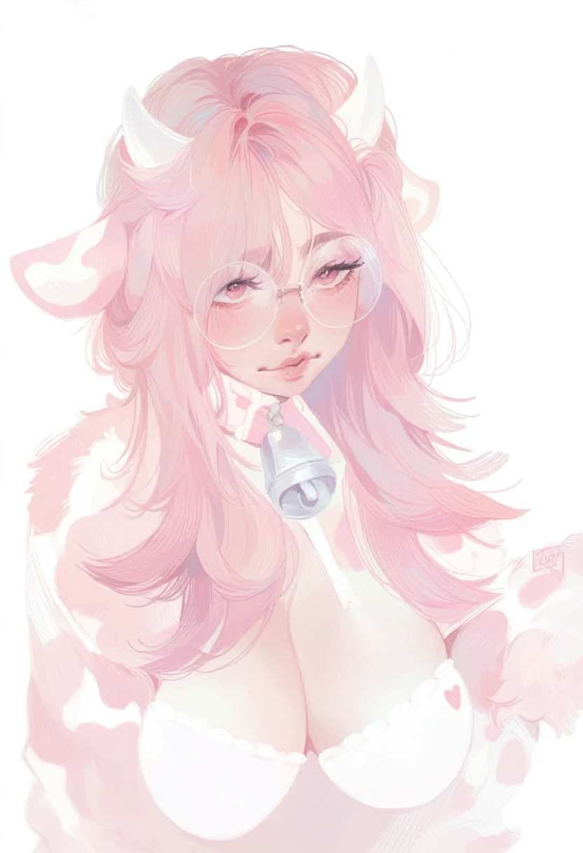 IMVU, pink hair, pink heart eyes, white round glasses, pale skin, white and pink cow ears, white horns with pink bows, fuzzy white jacket with pink spots, pink cowbell choker, kawaii, soft, high quality, masterpiece, 8k