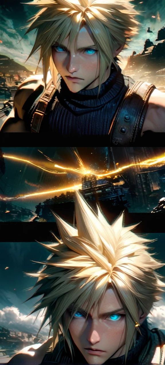 Symetrical,absurdres, highres, ultra detailed, HDR, masterpiece, extremely detailed face and eyes, Cloud Strife,final fantasy 7, yellow hair , , solo, man, handsome, ,, , Epic fight scene, yellow lightning effect, glowing glitters, symetrical 