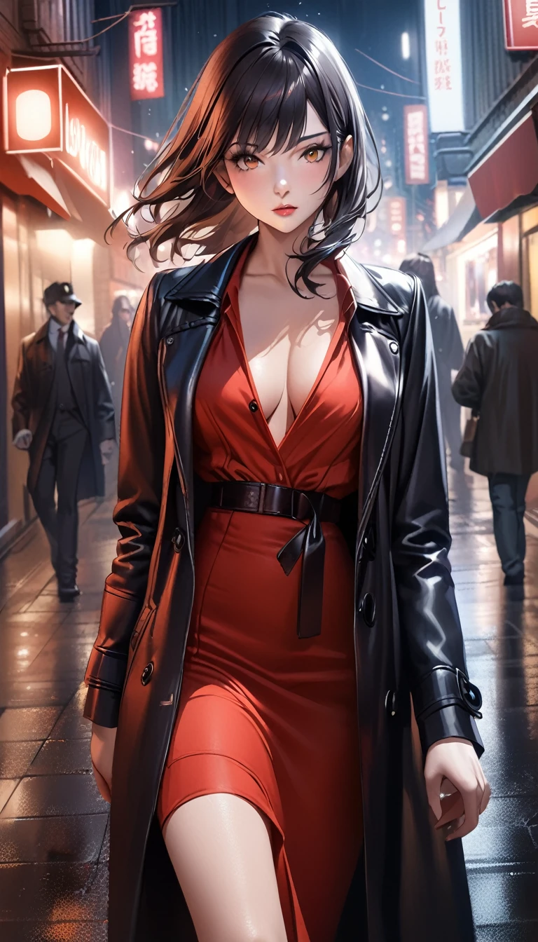 ((Top Quality)), ((Photorealistic)), focused, a girl, red dress, black trench coat, on the urban night street