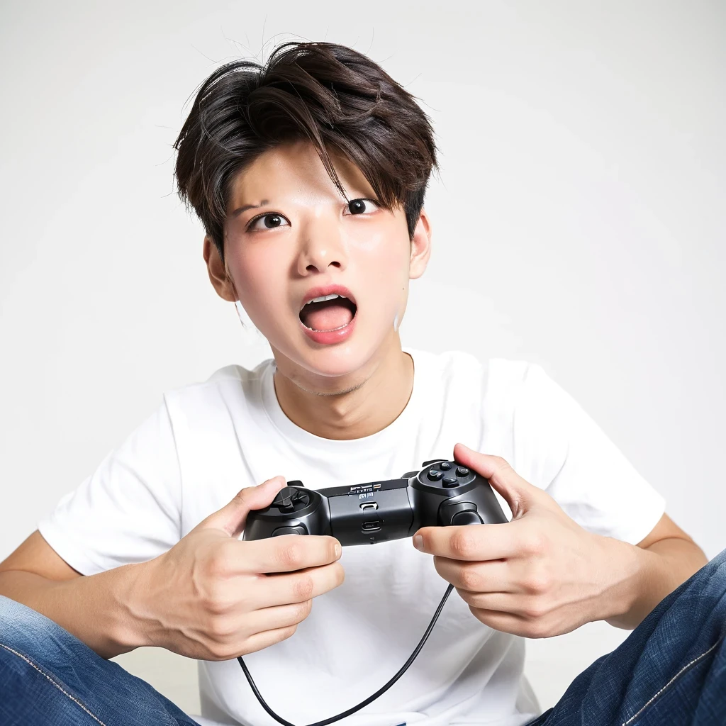 Small dark-haired man with short hair with a cigarette in his mouth and a Playstation 5 controller with a charging cable connected in his hand, next to it are cola and chips and a tattoo on his chest where "Crumble"it says