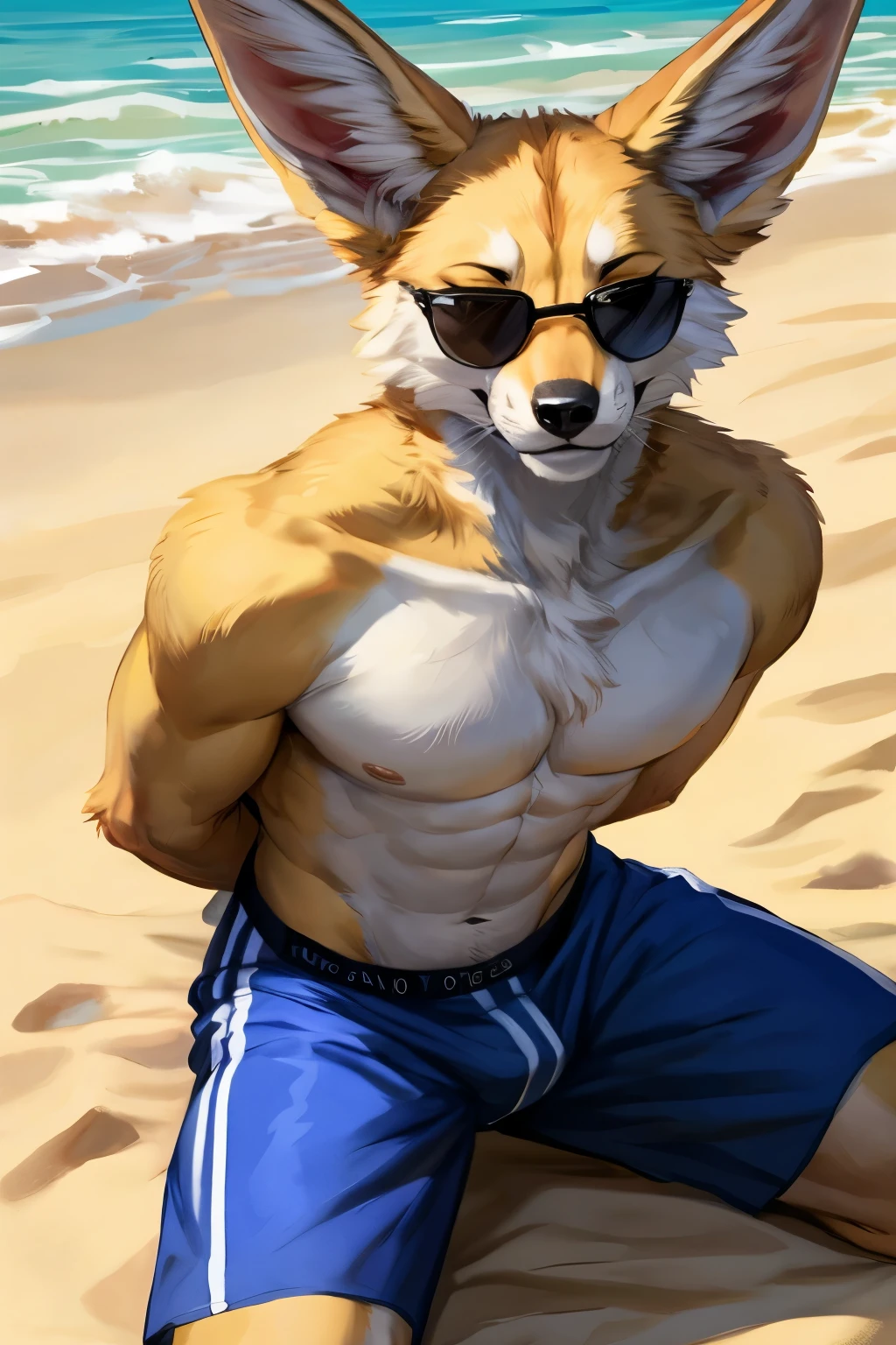 (solo, furry, anthro, hyper realistic, realistic fur), male, front view, muscular body, Fennec, smug, smirk, blushing, head tilted, bending down, wearing (((yellow-colored))) boxer shorts, black sunglasses, hands behind back, standing, beach, blurred background, by bebebebebe:1.2, by buta99,by foxovh, by ruan jia