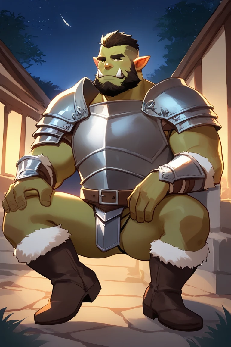 score_9, score_8_up, score_7_up, solo, male focus, mature male, orc, green skin, tusks, beard, outdoors, (micro armor) , shoulder armor, breastplate, upper body, closed mouth, pauldrons, night, night sky, boots , (sock g-string) , full body , black boots , laying spread legs , legs up