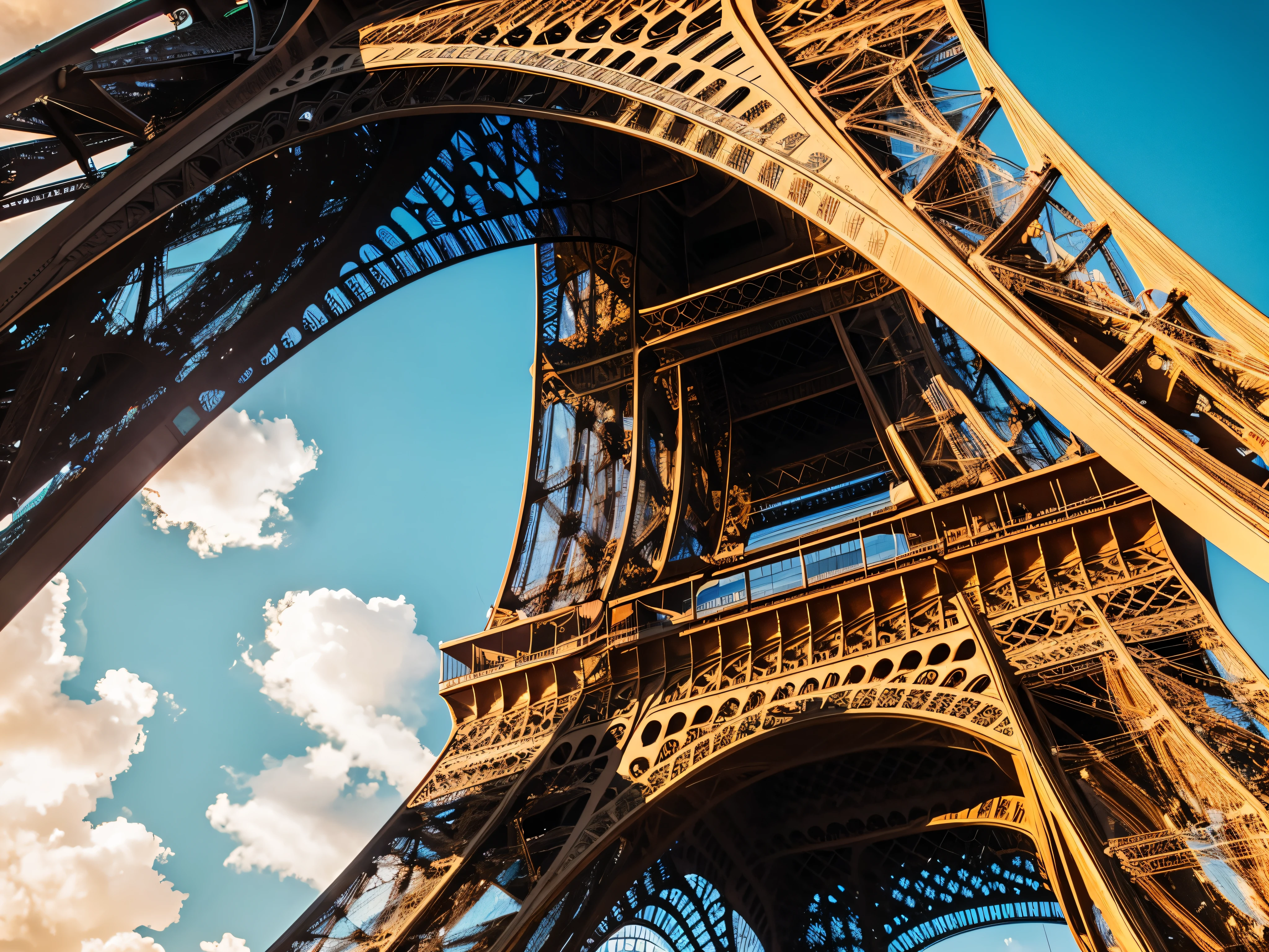 a detailed photo of the Eiffel Tower in Paris, France, a global cultural icon, shot from the ground looking up, with a beautiful cloudy sky in the background, ultra-realistic, highly detailed, photorealistic, sharp focus, 8k, masterpiece, dramatic lighting, cinematic atmosphere, moody colors, warm tones, golden hour, intricate architectural details, wrought iron structure, sweeping cityscape in the background, iconic landmark, leading lines, striking composition, dramatic shadows and highlights