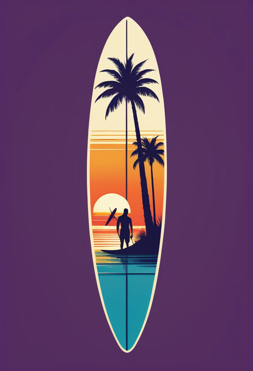 creative logo ilustration retro style of a surfboard with the sunset and palms,, featuring the word ( HOT SUMMER), only three warm colors, minimalist digital art style by dan mumford, marc simonetti, frank frazetta, sketch, high definition, negative space, logo style, T-shirt design