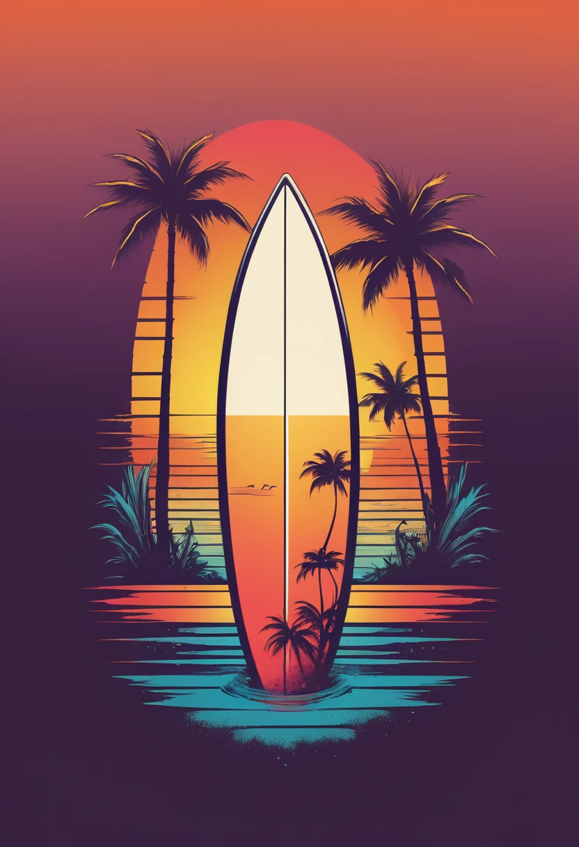 creative logo ilustration retro style of a surfboard with the sunset and palms,, featuring the word ( HOT SUMMER), only three warm colors, minimalist digital art style by dan mumford, marc simonetti, frank frazetta, sketch, high definition, negative space, logo style, T-shirt design