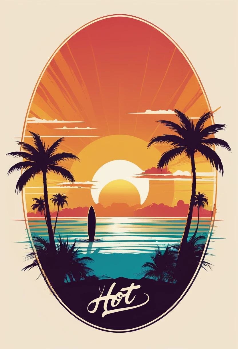 creative logo ilustration retro style of a surfboard with the sunset and palms,, featuring the word ( HOT SUMMER), only three warm colors, minimalist digital art style by dan mumford, marc simonetti, frank frazetta, sketch, high definition, negative space, logo style, T-shirt design