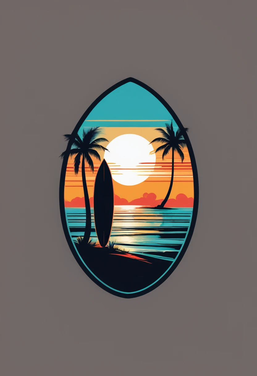 creative logo ilustration retro style of a surfboard with the sunset and palms,, featuring the word ( HOT SUMMER), only three warm colors, minimalist digital art style by dan mumford, marc simonetti, frank frazetta, sketch, high definition, negative space, logo style, T-shirt design