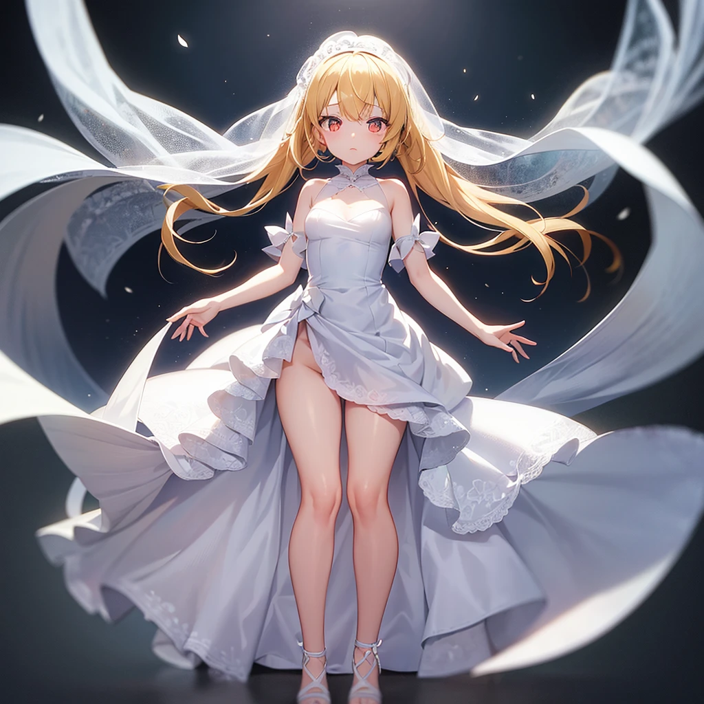 (((White Wedding Dress))), ((Revealing clothing)),((In a naughty way)),Cute little loli,Tiny Lori,Small girl,,Childish face, Very fine clean face,Top quality, Big eyes,Straight Hair,Yellow hair,Crimson Eye,(Dark Room), Subtle light, Natural light,Soft lighting,Light from directly behind, (Are standing), Cute pose, (Open your hands), Showing the whole body,Front view,Black background
