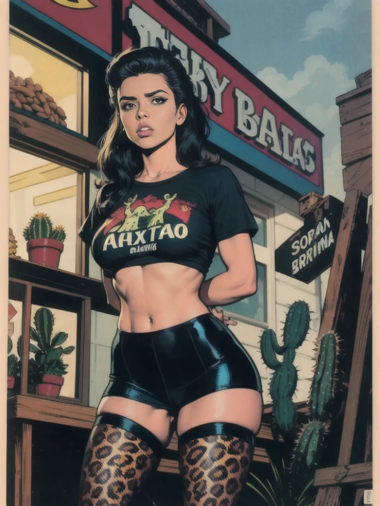 Sexy Mexican girl, ager, wearing leopard print tights, sheer black t-shirt, outside, in front of cantina, Mexican border town, tacos, Tecate Beer, beans, rice, avocados, sour cream dripping all over her fingers, cactus, scorpion, Spanish guitars, big blue sky, very erotic, by Frazetta, by Brian Bolland, by Oscar Bazaldúa, by Rafael Gallur, by Elmer Batters, by Eric Kroll, lurid vivid colors, soft cinematic lighting, retro, vintage, HD, 8x, intricate details, fun and fiesta like, Mexican fumetti, comic book aesthetic