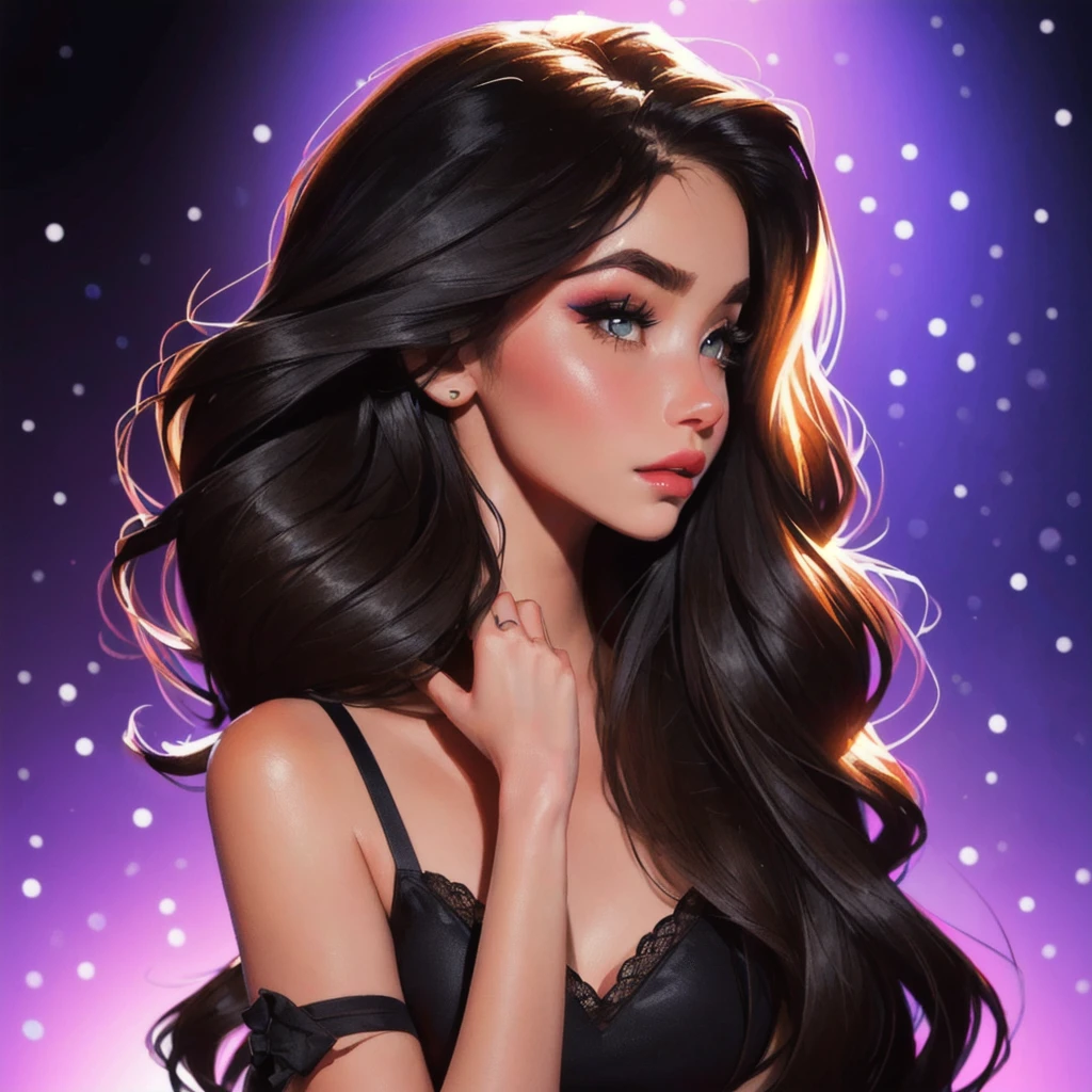 A woman with long black hair and a black top posing for a photo., soft devil queen Madison Beer, Portrait Sophie Mudd, Violet Myers, looks like a Christmas fairy tale, beautiful latin face, Madison Beer, sexy face with full makeup, Instagram Template, dark hair and makeup, profile picture, sensual look, 18 years, bella poarch