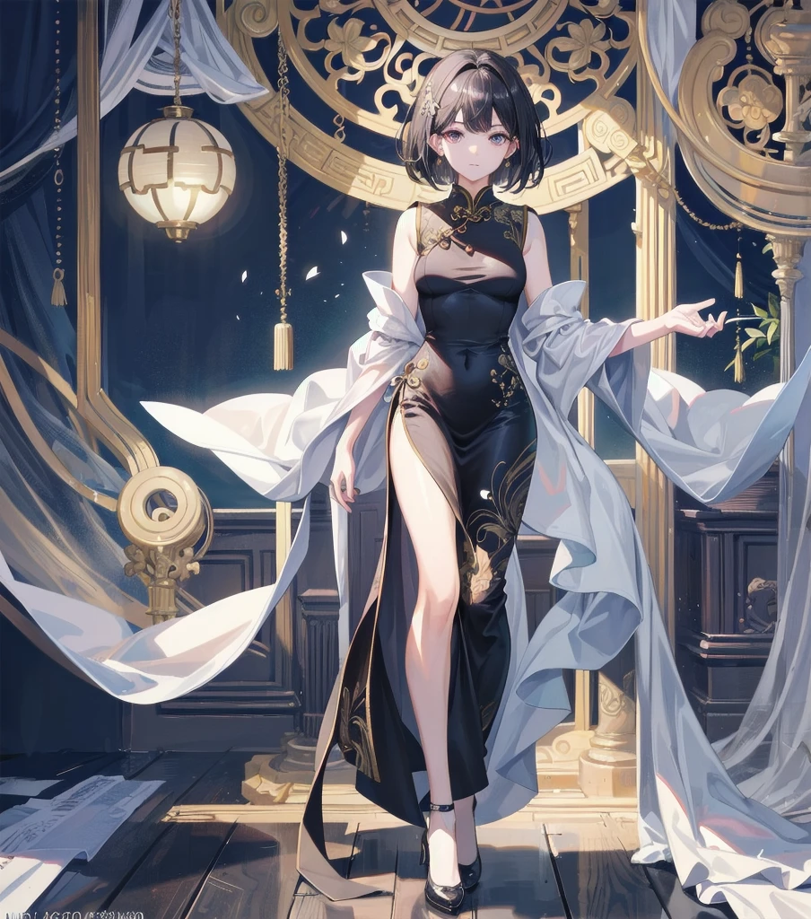 Art Nouveau. In 8K、Large file size、Intricate details, Better Quality, One Girl, young, High resolution、Straight bangs、Black short bob、cute、Green Eyes、Choker to wrap around the neck、 alone, Full Body Capture, profile, Outdoor, heaven,