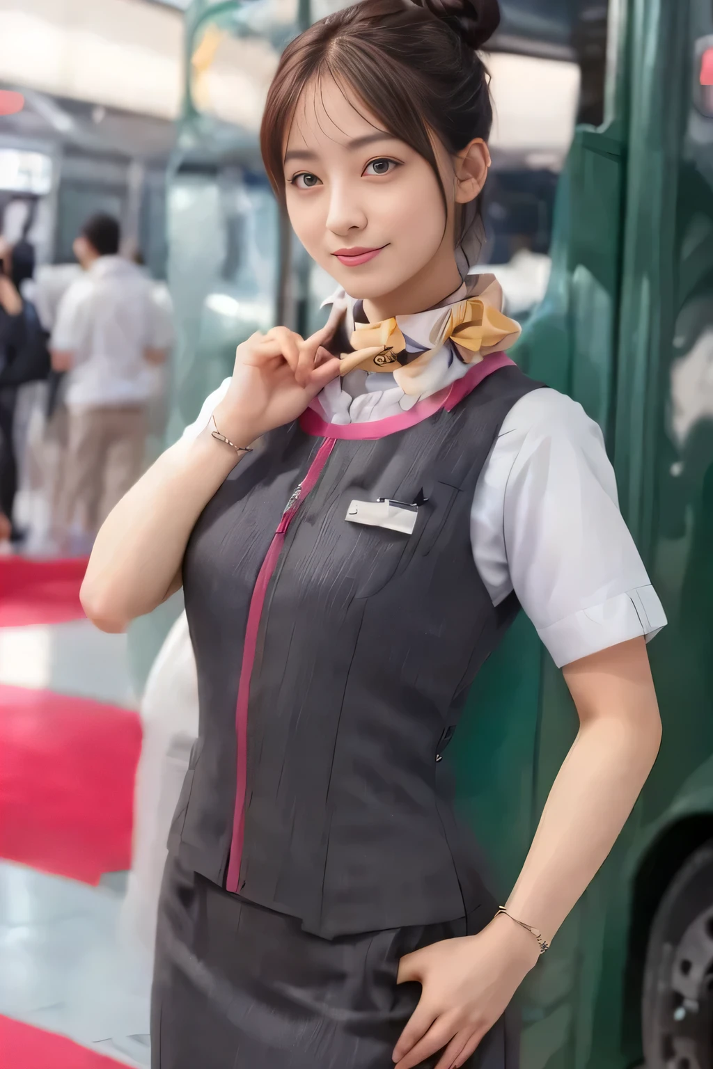 (masterpiece:1.2, Highest quality:1.2), 32k HDR, High resolution, (alone、1 Girl)、(Ride the bullet train、Professional Lighting)、Background in the car、(Realistic style of JR Gran Class crew uniform)、Short sleeve blouse、a scarf around the neck、(JR Gran Class flight attendant uniform with pink parts on the skirt sleeves)、(The uniform of a flight attendant in JR Gran Class has a pink line on the front zipper of the vest.)、Dark brown hair、(Hair tied up、Hair Bun、Hair Bun)、Dark brown hair、Long Shot、Big Breasts、((Great hands:2.0)),((Harmonious body proportions:1.5)),((Normal limbs:2.0)),((Normal finger:2.0)),((Delicate eyes:2.0)),((Normal eyes:2.0)))、Luxury Necklace、smile、Beautiful standing posture,