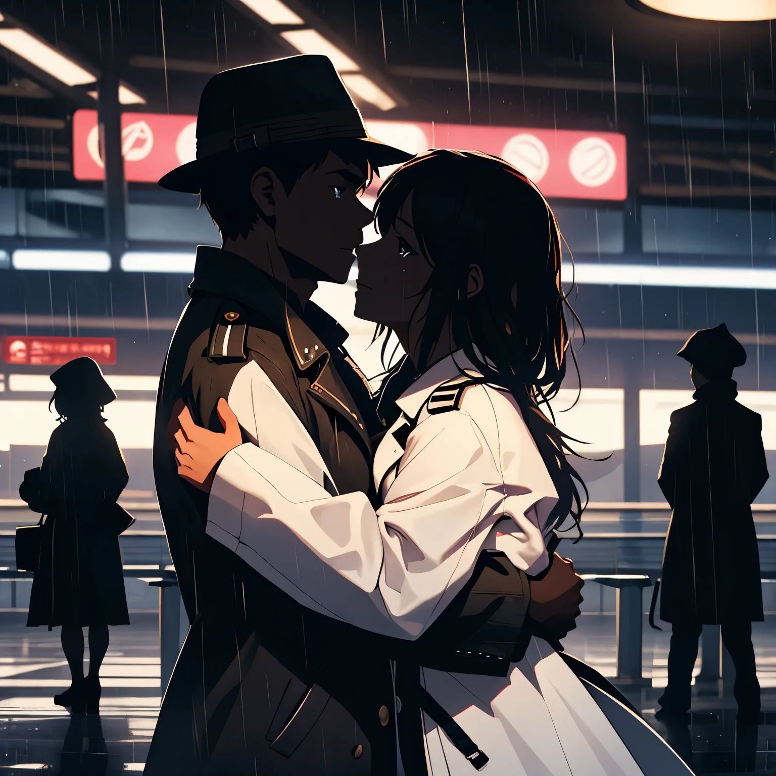 Man wearing a soft hat and black trench coat, hugging a woman in a white coat, background is airport, on the verge of boarding a plane, rainy night, woman's tears,