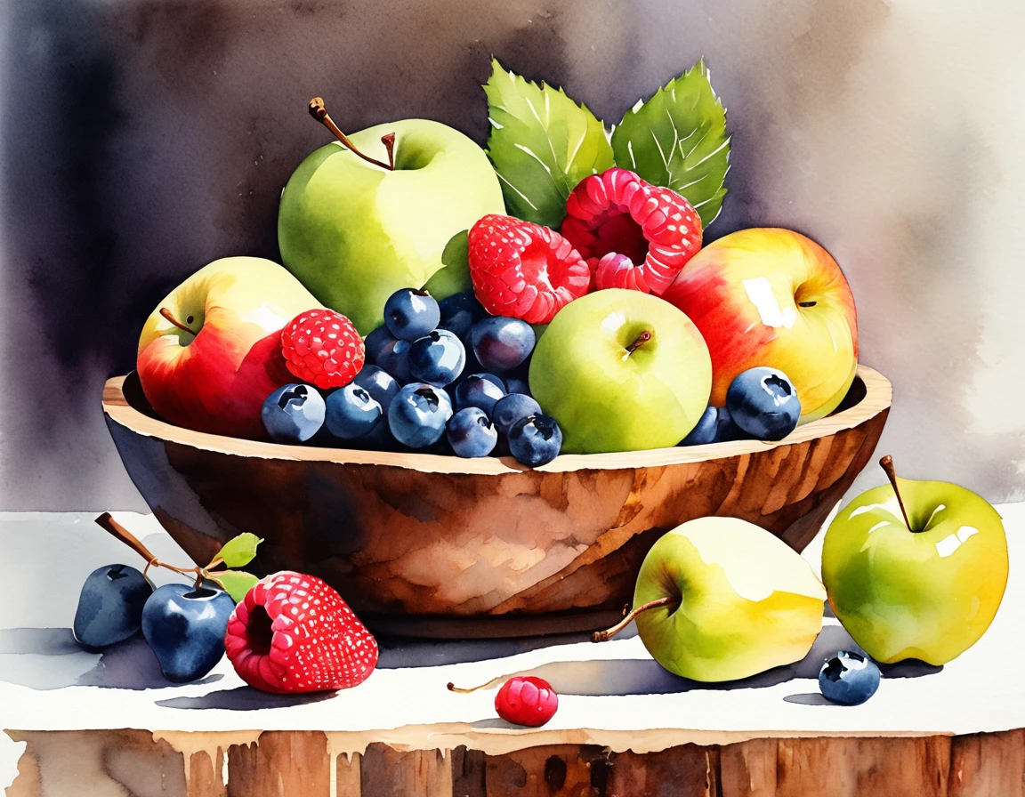 Against brilliant white background. The illustration portrays a wooden bowl filled with an ortment of colorful fruits. Among them are green and red apples, a pear, bananas, blueberries, strawberries, raspberries, blackberries, and slices of kiwi. The bowl rests on a surface, casting subtle shadows, while the plain brilliant white background accentuates the vibrant hues and the wooden texture of the bowl. This image could be relevant for discussions on healthy eating or as an example of realistic still life art. Loose Watercolor Style. Minimalist Color.