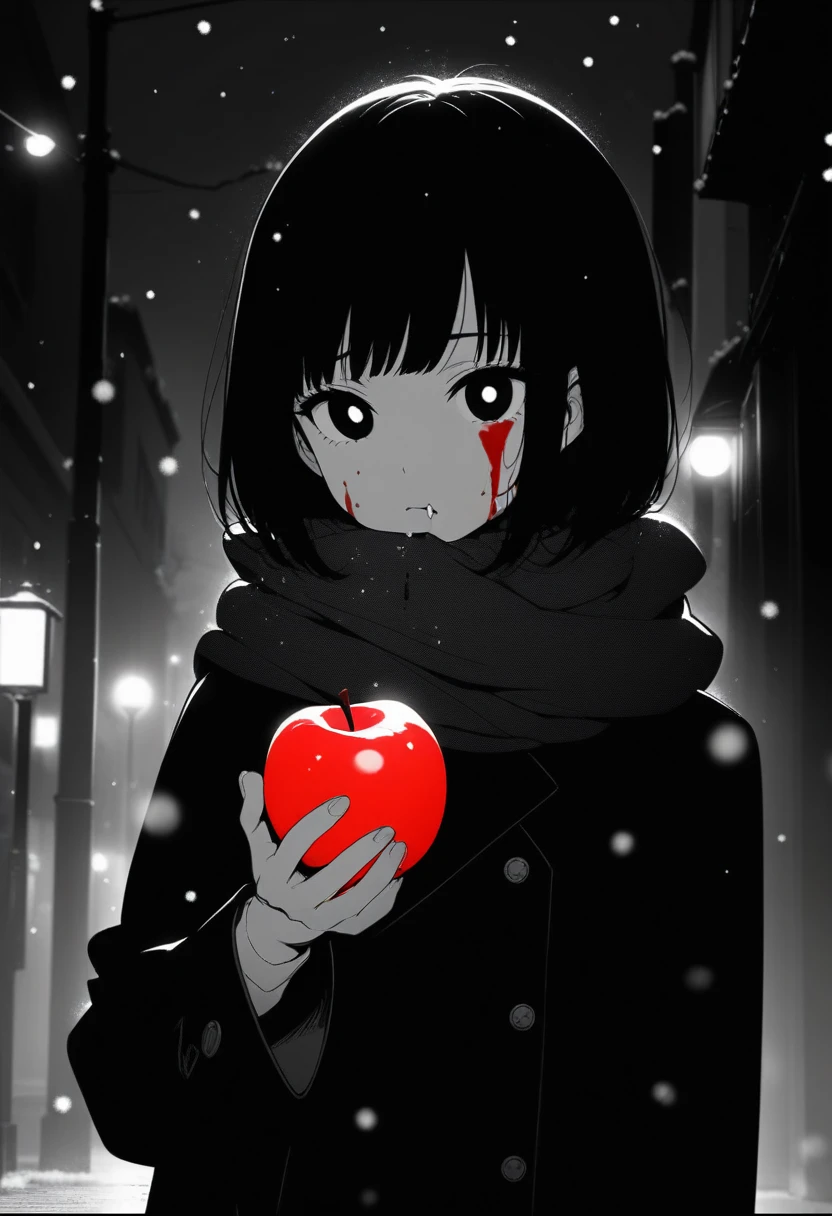 masterpiece, best quality, 1girl, momose_(oqo) official art, grayscale, manga style, japanese, chi no wadachi, black eyes, glowing white pupils, street, iced, black hair, schoolbag, lineart, looking at viewer, blood on face, black coat, black scarf, 35 years old, mature_female:1, tall, fair skinned, bokeh background, bob cut, light particles, centered, snowing, emotional anime scene, scenery, outdoors, (very aesthetic, best quality, ultra detailed), intricate details, red and blue lights flashing, cool, soleless, emotionless, tired, taking a bite out of a shiny red apple, eating apple, holding apple to lips, holding, street lamp, surrounded by darkness, stars in the sky, biting, full shot, sidewalk