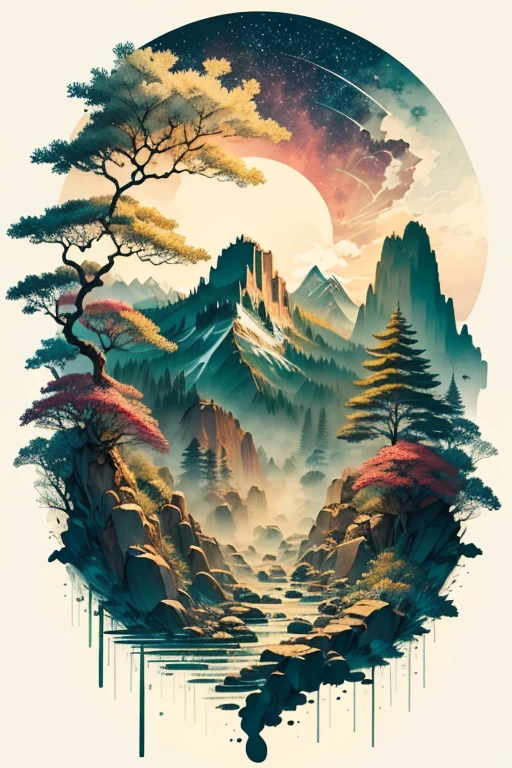 A crow, fantasy scene background, , Mysterious clouds, expression of surprise, incredible views, Unavailable, in the sky, legend, stars illuminating the night sky, Fly free, adventure, terraces, High mountains, Amazing sunset, Fly as much as you want, Through the clouds, Spirit of adventure, Shocking scene with wings spread, Huge starry sky, fusion of tradition and modernity./masterpiece Illustration, high quality, 8k, high resolution, by hajime sorayama, ink