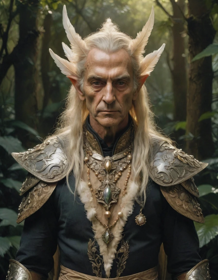 {{Masterpiece, a black and white daguerreotype on old paper}}, (by Moebius, by Théodore Géricault), the composition is: ((((Beautiful 50 year old Male high elf noble, elf ears, blonde, long hair updo, tan skin, chiseled face, cruel, sadistic, arrogant, villain. Wearing armor made of feathers, with hologramic elements, pendants of prayer beads and pearls, bird symbology, star symbology. Jungle, art nouveau background))))
