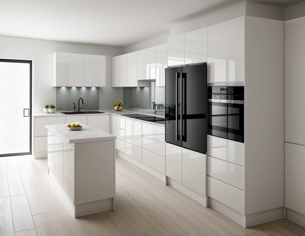kitchen interior, modern style, white cabinet, neutral color scheme, a fridge, ((window)), door, beautiful lighting, (realistic:1.2), Raw photo,Masterpiece, high quality, best quality, authentic, super detail,