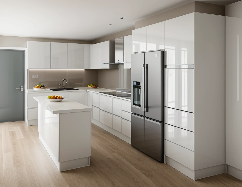 kitchen interior, modern style, white cabinet, neutral color scheme, a fridge, ((window)), door, beautiful lighting, (realistic:1.2), Raw photo,Masterpiece, high quality, best quality, authentic, super detail,