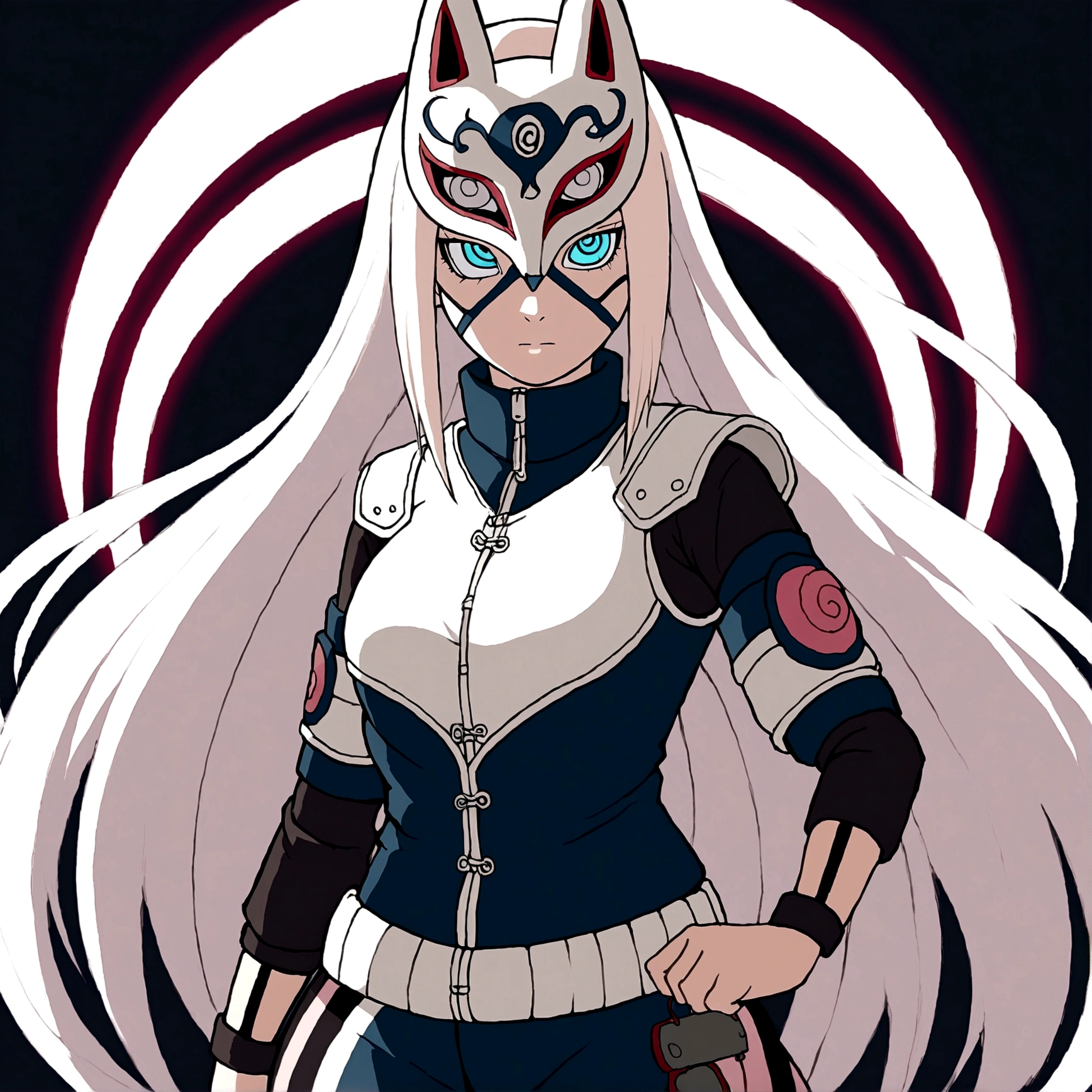a tall slender woman, long white hair, holding a kitsune mask, green konoha vest, melancholic gaze, anime naruto style, 2D, kishimoto lineart, konoha headwear, detailed face, beautiful intricate eyes, refined facial features, graceful pose, cinematic lighting, vibrant colors, digital art, highly detailed, masterpiece