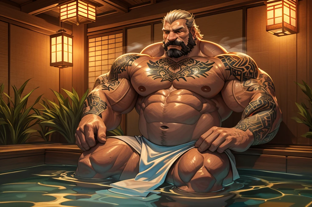 An old man soaking in an onsen, half submerged, (huge muscular), (yakuza tattoo:1.2), detailed muscles, 8k, masterpiece:1.2, hyperrealistic, white fundoshi, highly detailed full body, really big muscle, massive muscle, thick arms, wide pectoral, submerged, floating steam, rich colors, serene atmosphere, traditional Japanese setting, wooden hot spring, soft ambient lighting, wrinkled skin, tranquil expression, reflective water, peaceful relaxation