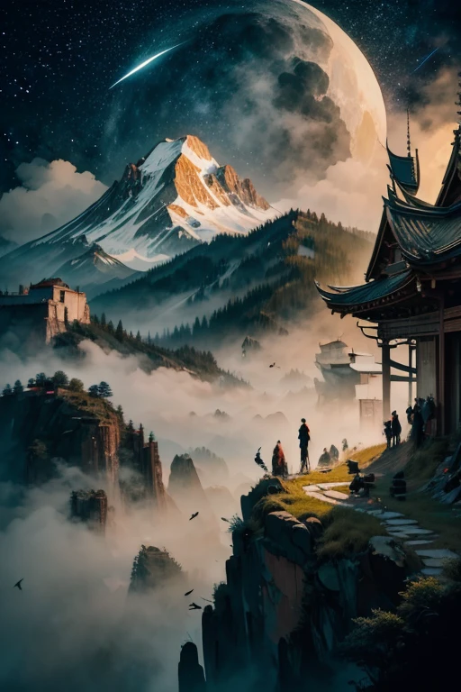 A crow, fantasy scene background, , Mysterious clouds, expression of surprise, incredible views, Unavailable, in the sky, legend, stars illuminating the night sky, Fly free, adventure, terraces, High mountains, Amazing sunset, Fly as much as you want, Through the clouds, Spirit of adventure, Shocking scene with wings spread, Huge starry sky, fusion of tradition and modernity./masterpiece Illustration, high quality, 8k, high resolution, by hajime sorayama, ink