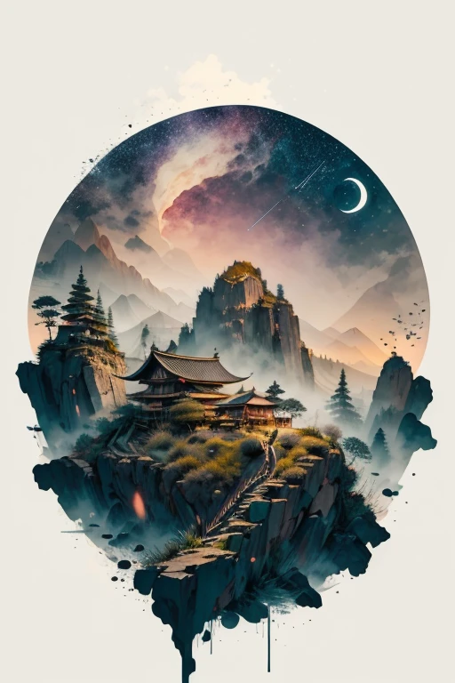 A crow, fantasy scene background, , Mysterious clouds, expression of surprise, incredible views, Unavailable, in the sky, legend, stars illuminating the night sky, Fly free, adventure, terraces, High mountains, Amazing sunset, Fly as much as you want, Through the clouds, Spirit of adventure, Shocking scene with wings spread, Huge starry sky, fusion of tradition and modernity./masterpiece Illustration, high quality, 8k, high resolution, by hajime sorayama, ink
