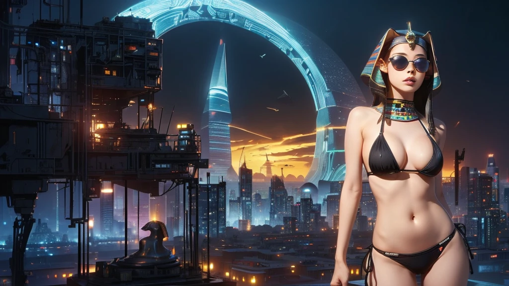 (((a large-breast bikini slim GIRL with black micro sunglasses))), (((aiming at viewer with a pistol))), a balcony of a futuristic building, aerial view of an ultra-futuristic megalopolis, many metal buildings and houses in dark colors from dark blue to black, a cidade tem tons de cinza metal, has smoky metal structures , industrial environment with smoke and fog around, carros escuros nas ruas, desert megalopolis, trilhos e trens modernos de de metal passando estre as ruas da cidade, tall futuristic metal buildings, many ultra modern buildings around, (((an Egypt sphinx statue on the top of building))), realistic, detailed, sci-fi.
