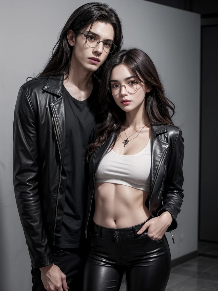 Isabelle Lightwood is a beautiful, very attractive slender woman, with long black wavy hair, dark brown eyes, rectangular ruby pendant, black low-cut shirt, black leather jacket, black pants, red lipstick, Simon Lewis is a handsome man, attractively slender , short spiky wavy brown hair, dark brown eyes, glasses, black leather jacket, black v-cut shirt, black pants, a couple in love